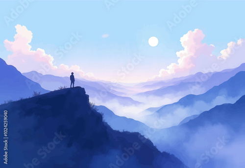 Silhouette of Person on Mountain Peak with Fog and Clouds
