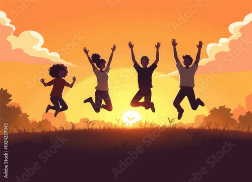 Silhouettes of Friends Jumping at Sunset 
