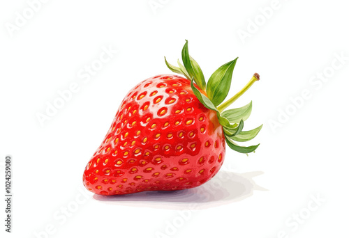 Single Red Strawberry with Green Leaves  
