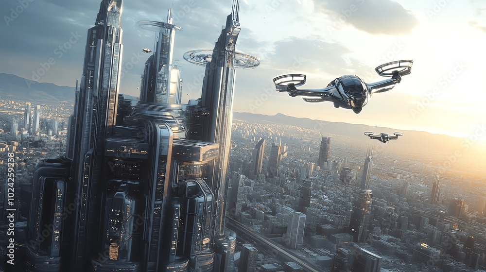 A futuristic city skyline with drones flying overhead at sunset. A futuristic city skyline with drones flying overhead at sunset.