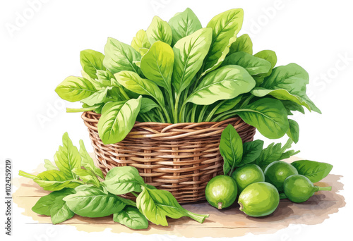 Spinach and Green Fruit in a Basket 
