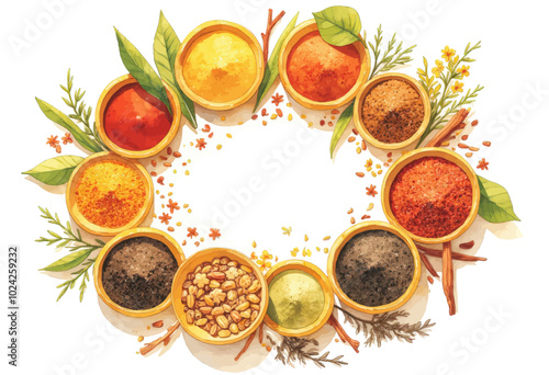 Spices in Bowls with Herbs and Flowers  
