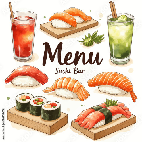 Sushi Bar Menu Illustration with Drinks