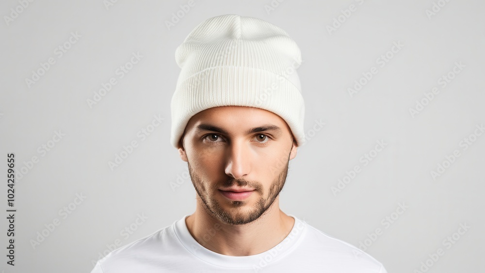 Minimalist beanie mockup in neutral tones, showcasing a classic fold-over brim. Perfect for branding or product presentations. Simple, clean design with no logos or text Minimalist beanie mockup in neutral tones, showcasing a classic fold-over brim. Perfect for branding or product presentations. Simple, clean design with no logos or text