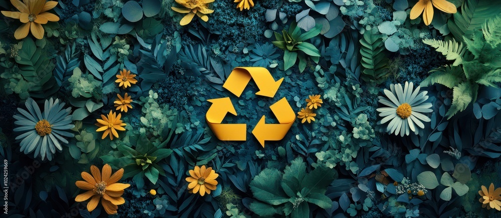 Fototapeta premium Yellow recycle symbol on green and blue flower background.