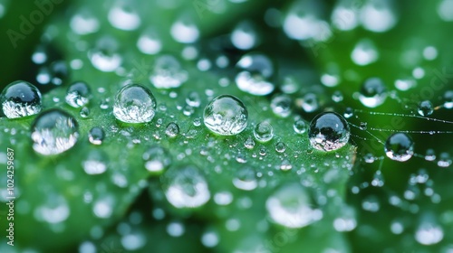 A close-up shot of a rain-soaked spiderweb, with tiny raindrops glistening like beads of glass.