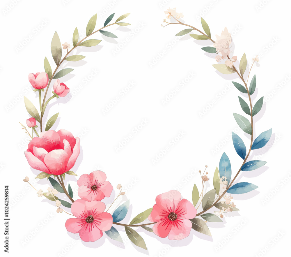 Fototapeta premium Watercolor Floral Wreath with Pink Flowers and Green Leaves