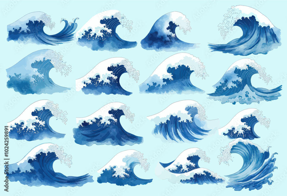 Fototapeta premium Watercolor Ocean Waves Clip Art Set
