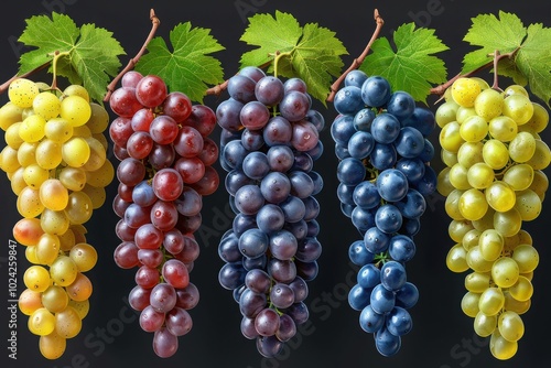 Wallpaper Mural Five bunches of grapes in various colors with leaves, set against a dark background.
 Torontodigital.ca