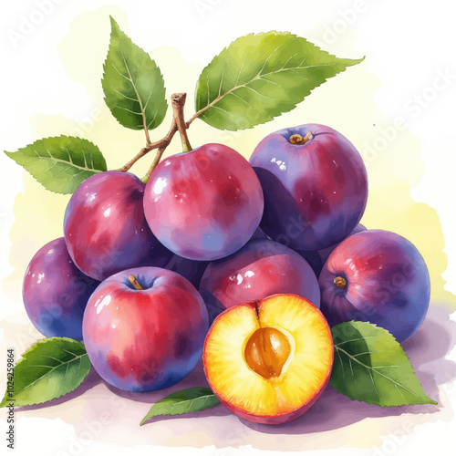 Watercolor Illustration of Plums with Green Leaves