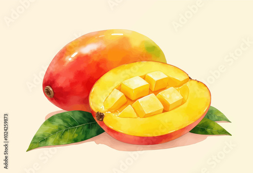 Watercolor Illustration of Sliced Mango with Leaves
