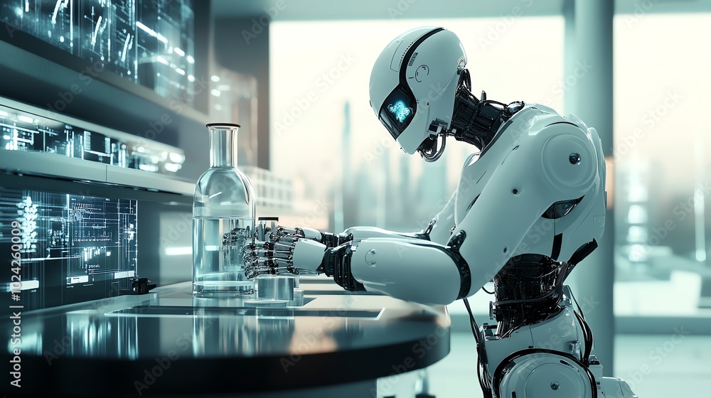 White humanoid robot with glowing blue eyes working in a lab. White humanoid robot with glowing blue eyes working in a lab.