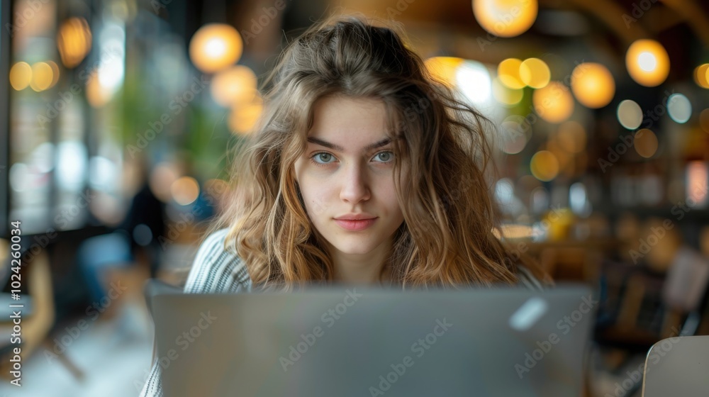 A young woman with long, wavy hair working on her laptop in a dimly lit cafe, creating a cozy and focused atmosphere.
A young woman with long, wavy hair working on her laptop in a dimly lit cafe, creating a cozy and focused atmosphere.