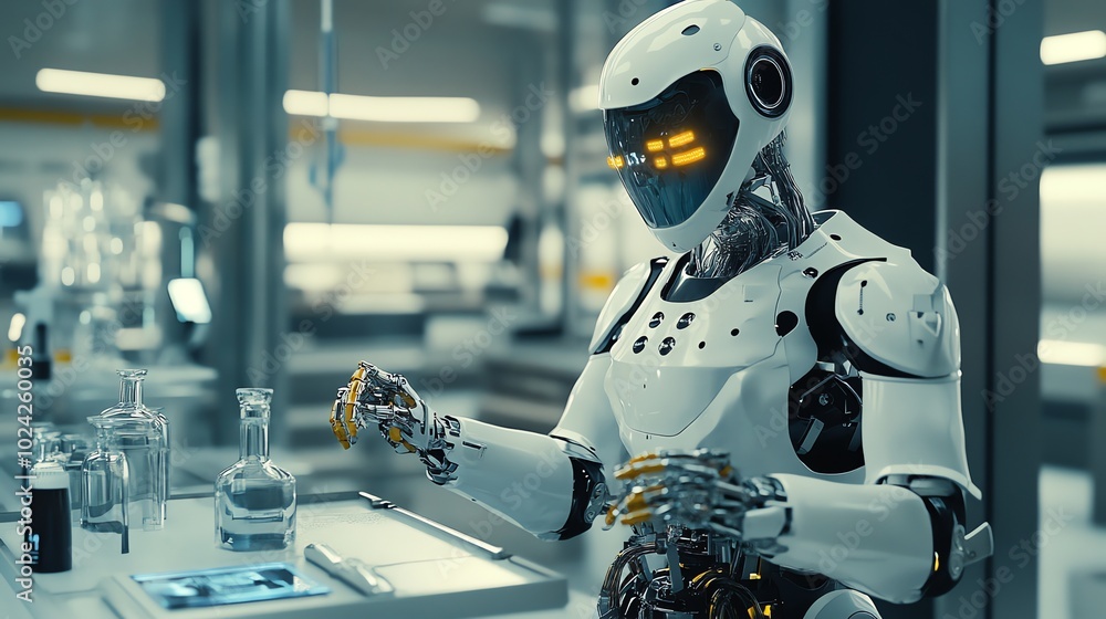 A humanoid robot in a white lab coat works with beakers and other lab equipment in a futuristic laboratory setting. A humanoid robot in a white lab coat works with beakers and other lab equipment in a futuristic laboratory setting.