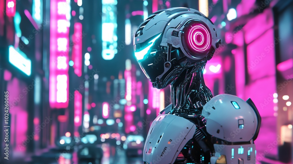 Fototapeta premium A futuristic robot stands in a neon-lit city.