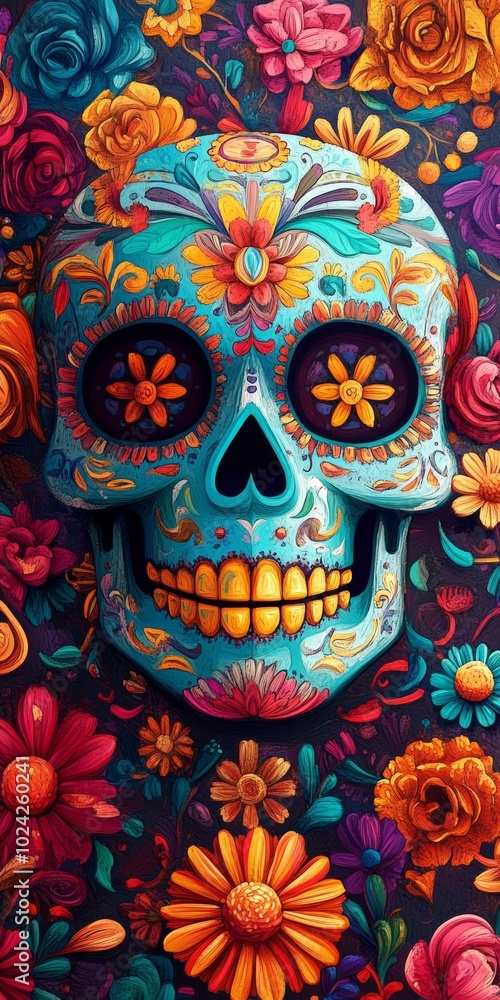 Bold Day of the Dead poster with vibrant colors and intricate details. Bold Day of the Dead poster with vibrant colors and intricate details.
