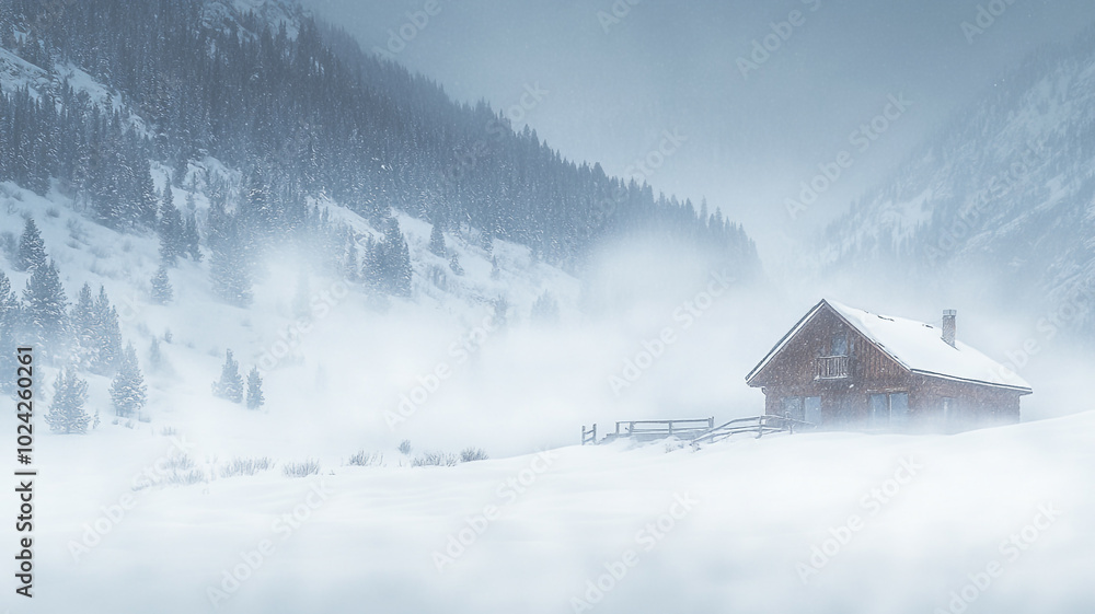 Naklejka premium A solitary cabin nestled in a snow-covered landscape during the tranquil winter solstice