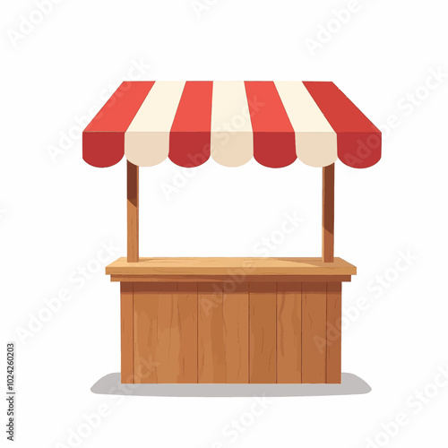Wooden Market Stall with Red and White Awning  

