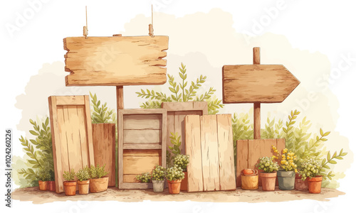 Wooden Signs and Plants Illustration 
