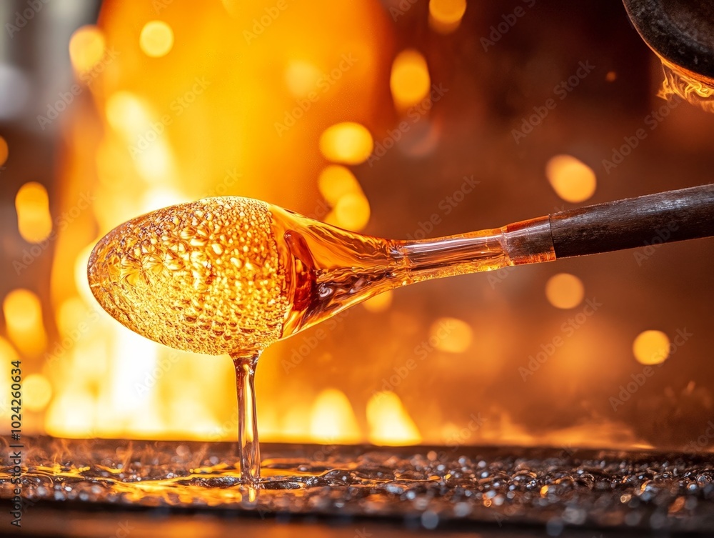 A close-up of tools, with the glowing furnace in the background as they shape a molten piece of glass. A close-up of tools, with the glowing furnace in the background as they shape a molten piece of glass.