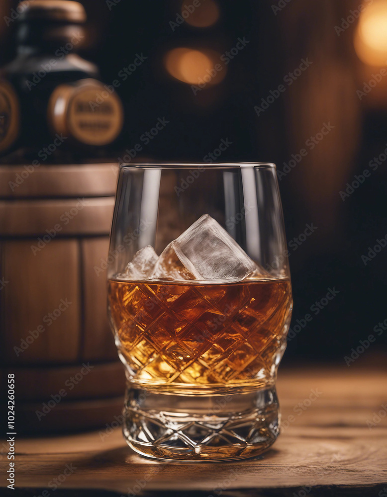 frosted whisky glass rests on a wooden barrel beside an unbranded, unwritten whisky bottle, with ample copy space. frosted whisky glass rests on a wooden barrel beside an unbranded, unwritten whisky bottle, with ample copy space.