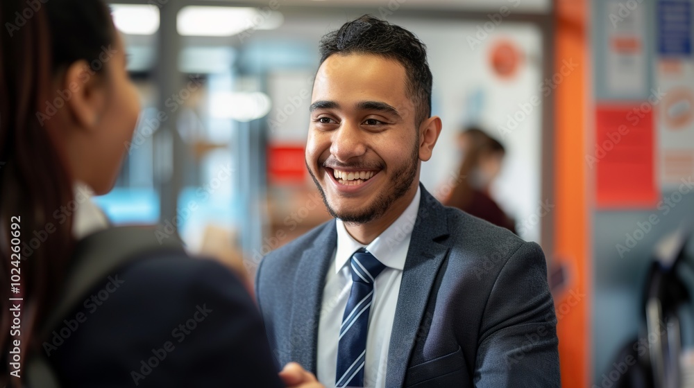 Portrait of a smiling young business manager warmly shaking hands with a new employee during an onboarding meeting. Portrait of a smiling young business manager warmly shaking hands with a new employee during an onboarding meeting.