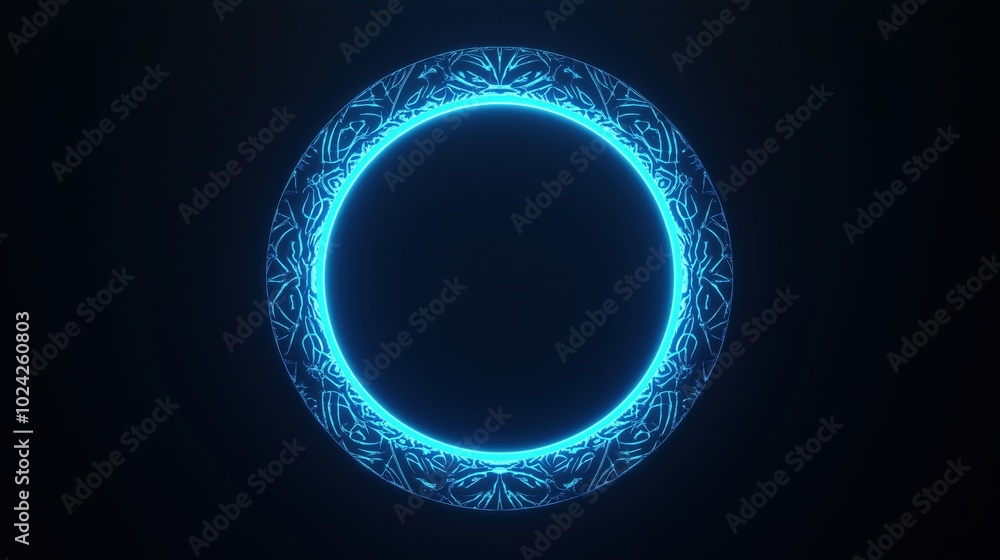 Neon blue geometric circle with intricate details, floating on a pitch-black background Neon blue geometric circle with intricate details, floating on a pitch-black background