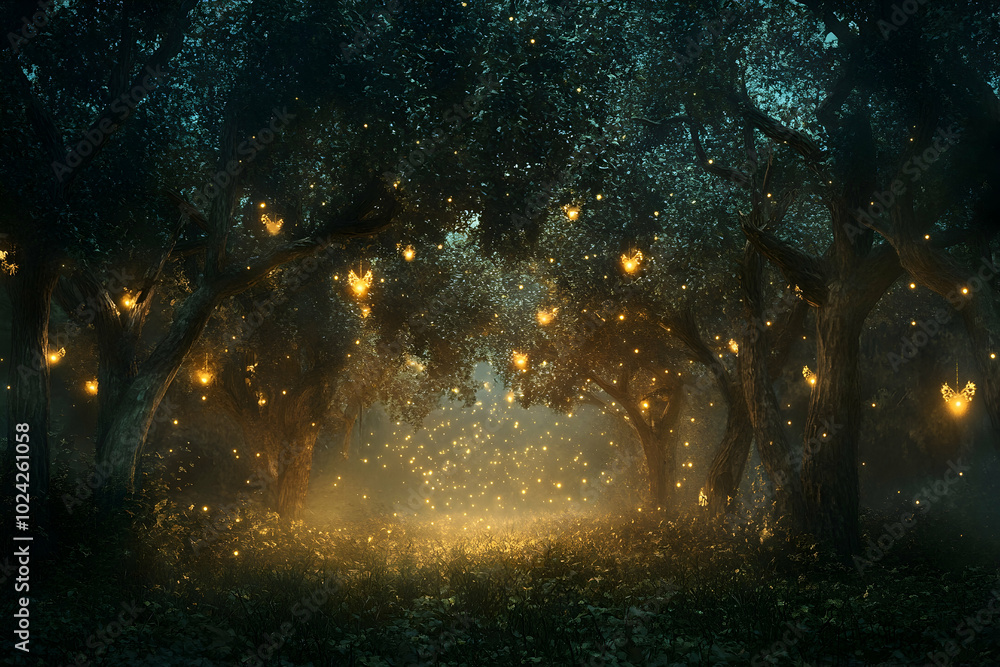 Enchanted Forest Illustration with Glowing Lights Enchanted Forest Illustration with Glowing Lights