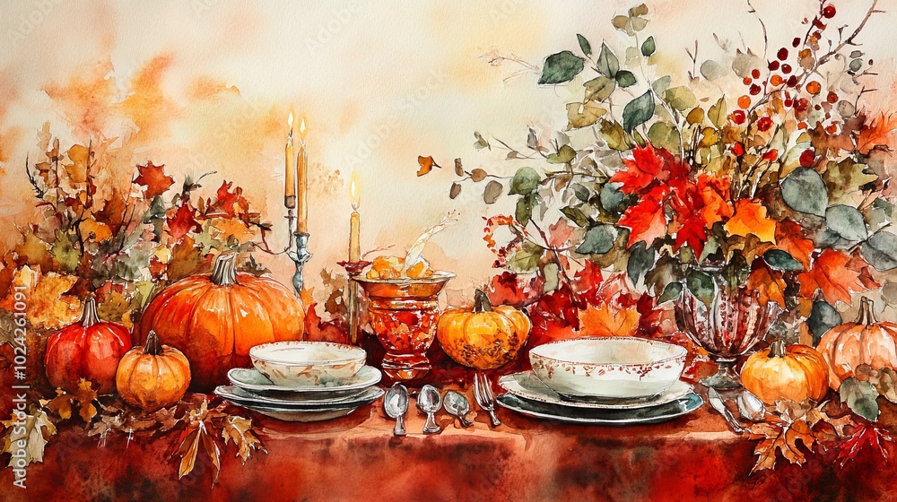 A painting of a table with a variety of fall fruits and vegetables A painting of a table with a variety of fall fruits and vegetables