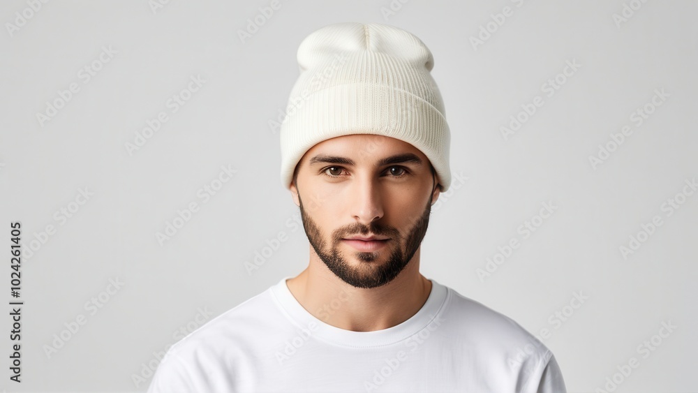 Minimalist beanie mockup in neutral tones, showcasing a classic fold-over brim. Perfect for branding or product presentations. Simple, clean design with no logos or text Minimalist beanie mockup in neutral tones, showcasing a classic fold-over brim. Perfect for branding or product presentations. Simple, clean design with no logos or text