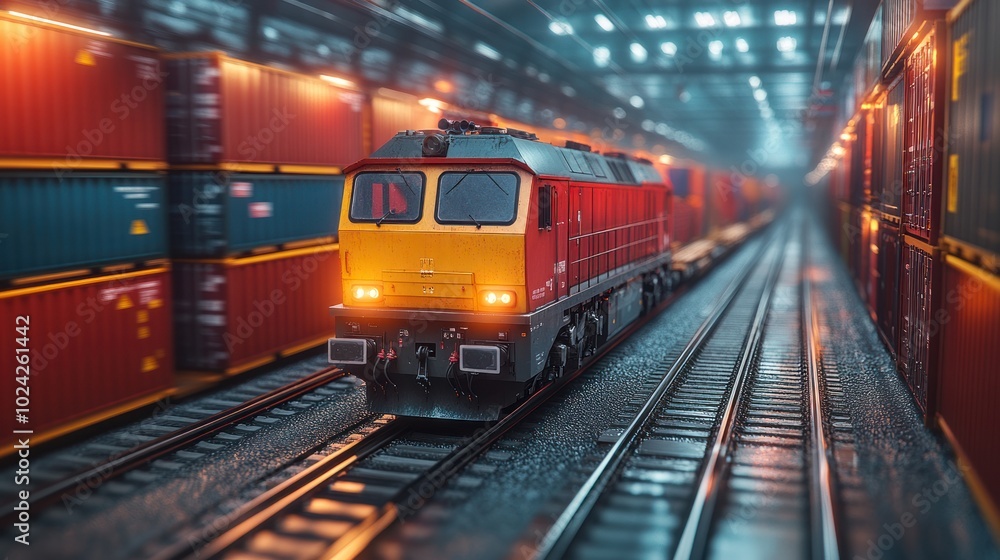 Fototapeta premium Freight train moving through a container terminal.