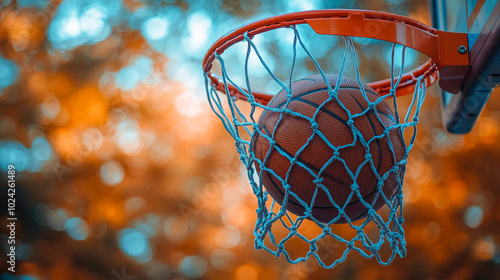 Basketball is passing through the net with colorful autumn leaves in the background