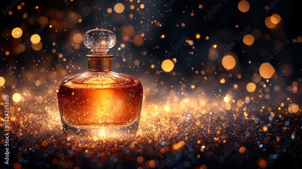 A close-up of a glass bottle of perfume with a gold cap on a bed of glitter with a blurred background of bokeh lights. A close-up of a glass bottle of perfume with a gold cap on a bed of glitter with a blurred background of bokeh lights.