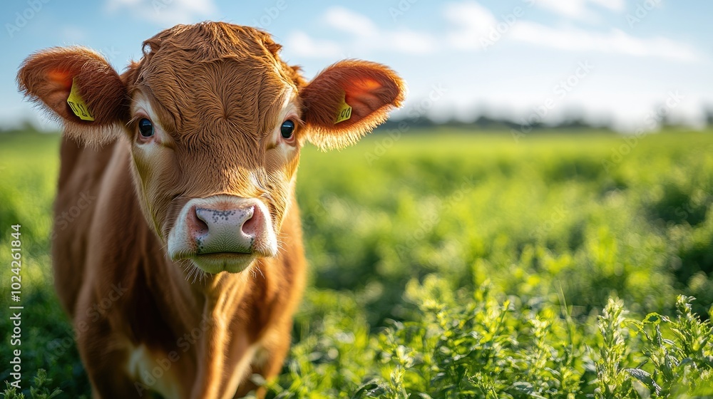 Brown cow standing in lush green pasture with rolling hills Brown cow standing in lush green pasture with rolling hills