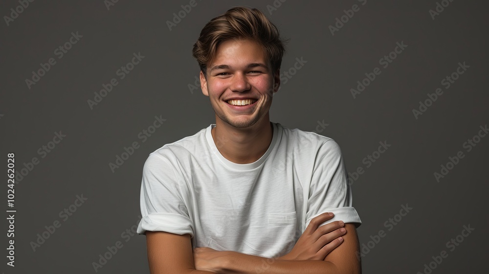 Joyful smiling young man with folded arms, cheerful portrait photography in studio setting on gray background, confident and happy male model Joyful smiling young man with folded arms, cheerful portrait photography in studio setting on gray background, confident and happy male model