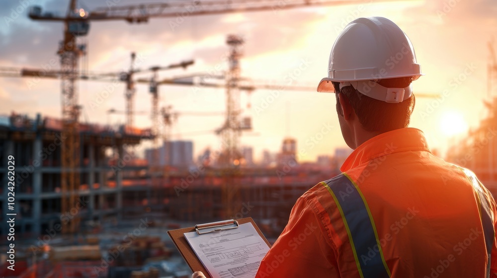 Senior Engineer Overseeing Construction Site at Sunset Senior Engineer Overseeing Construction Site at Sunset