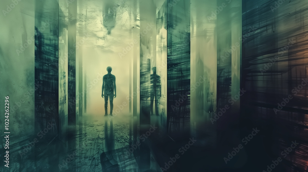 A person trapped in a room full of distorted mirrors, each refle A person trapped in a room full of distorted mirrors, each refle
