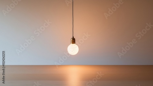 Illuminated Wooden Surface with Hanging Light Bulb. photo