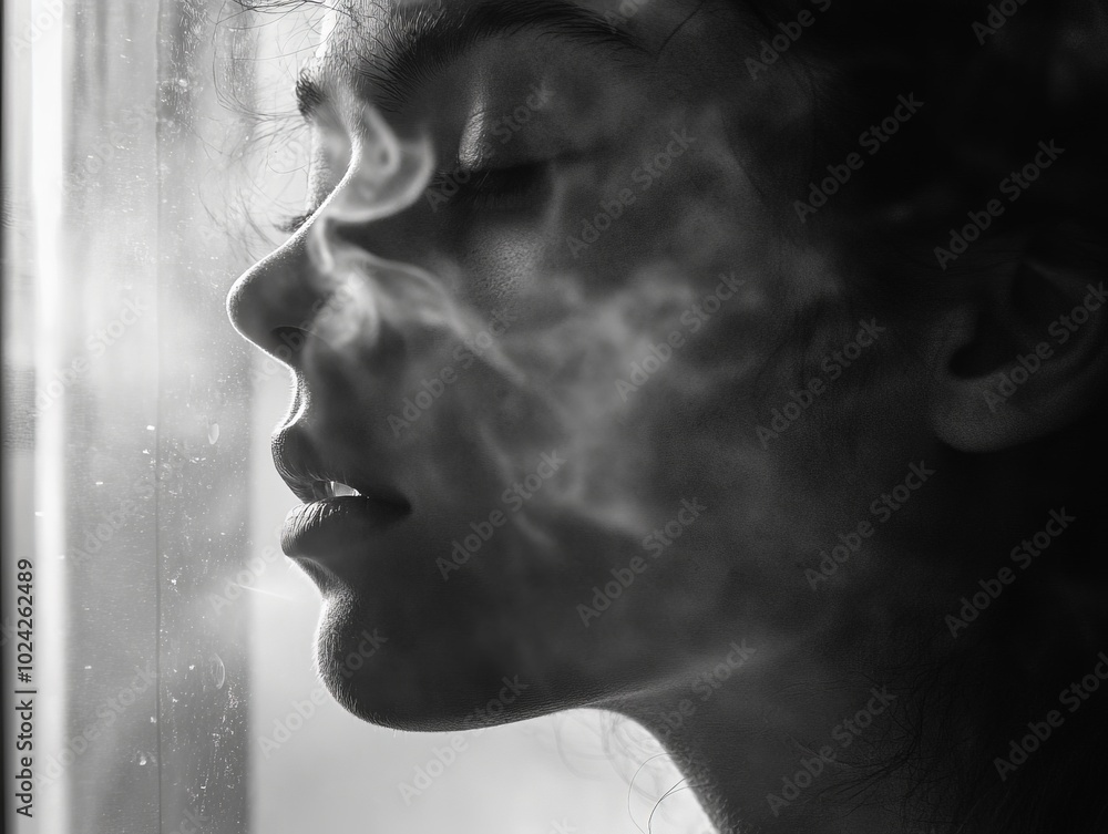 A close-up of a tired face reflected in a foggy bathroom mirror, with the morning light streaming in through the window. A close-up of a tired face reflected in a foggy bathroom mirror, with the morning light streaming in through the window.