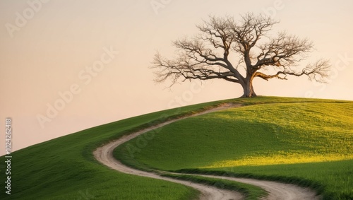 Lonely tree atop a grassy hill with winding dirt path during golden hour. photo