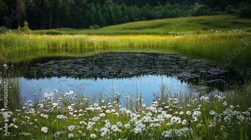 A tranquil scene of a small pond surrounded by lush green grass and white wildflowers.