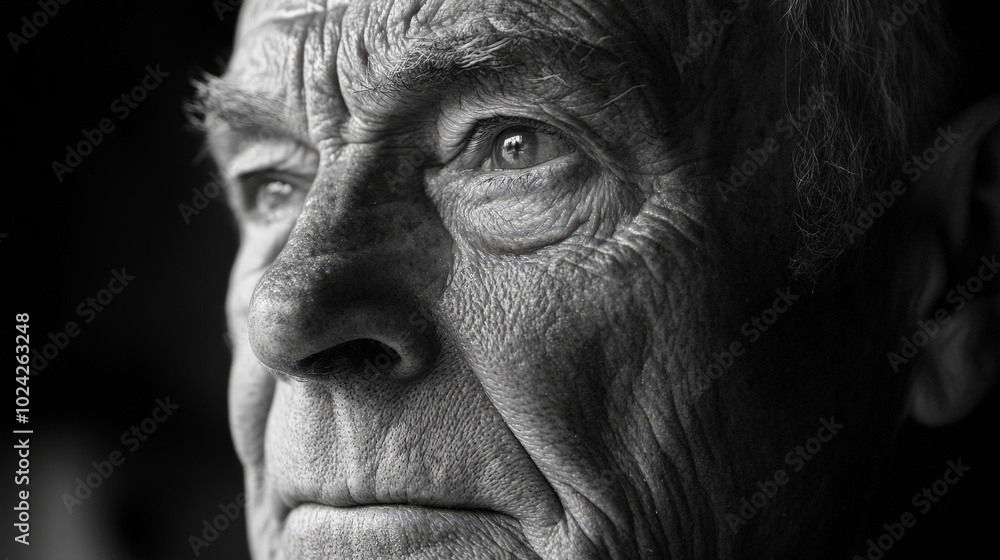 A close-up of an elderly with a contemplative look, his eyes squinting slightly as he gazes off into the distance. A close-up of an elderly with a contemplative look, his eyes squinting slightly as he gazes off into the distance.