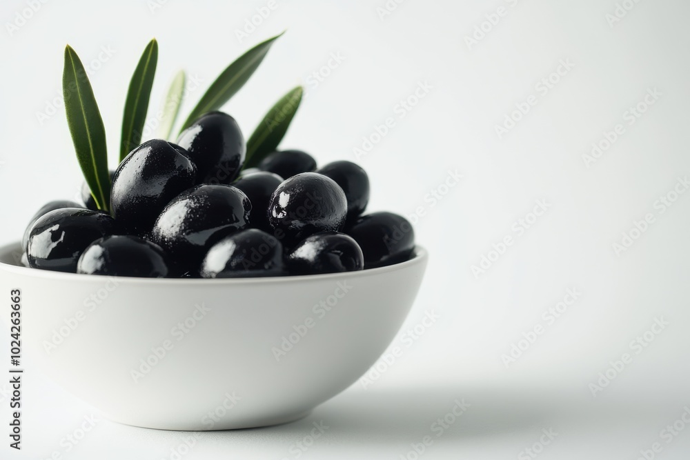 A stunning arrangement of fresh black olives in a white bowl with olive leaves on a light background A stunning arrangement of fresh black olives in a white bowl with olive leaves on a light background