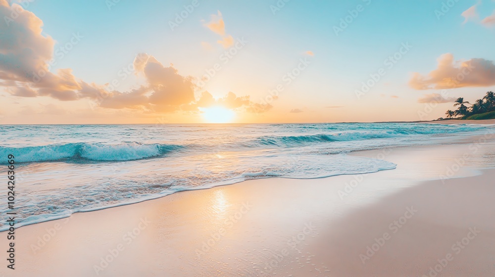 A serene beach scene at sunset. A serene beach scene at sunset.