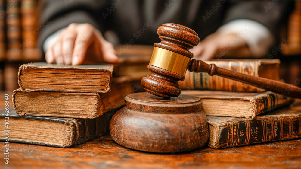 Judge is reaching for a law book on a desk with a gavel resting on a sound block in the foreground Judge is reaching for a law book on a desk with a gavel resting on a sound block in the foreground