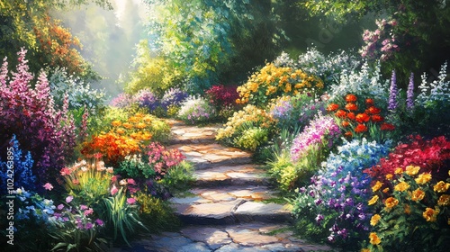 Stone path through a lush, colorful garden.