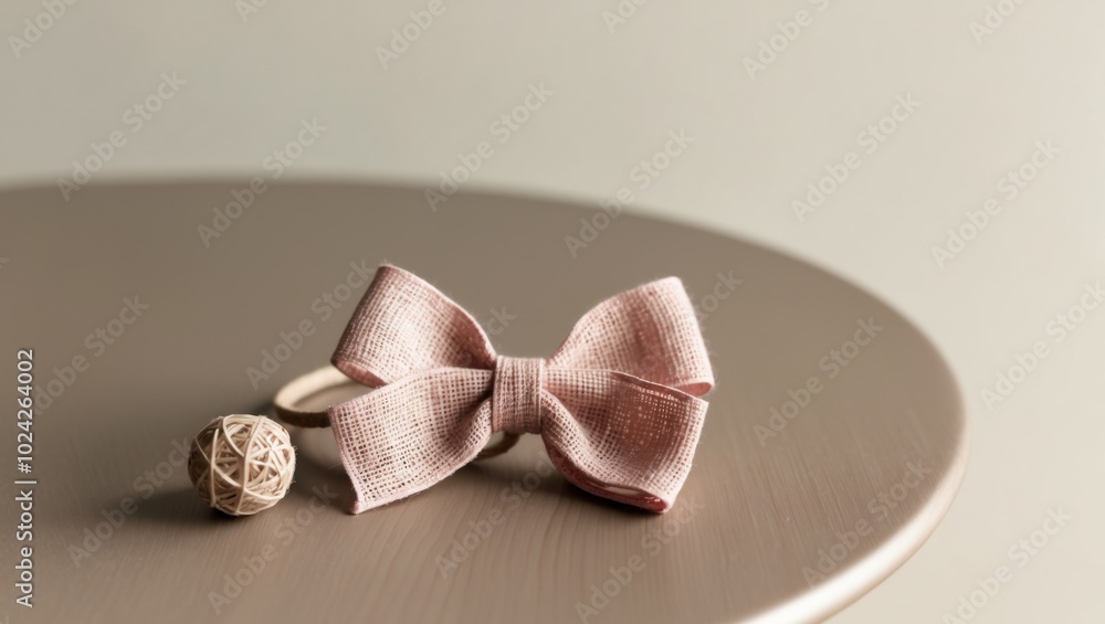 Pink Burlap Bow and Ball on Wooden Table. Pink Burlap Bow and Ball on Wooden Table.