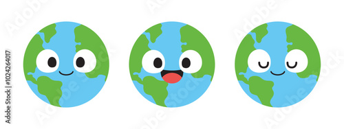 Set of cute planet earth cartoon characters. Flat design illustration.