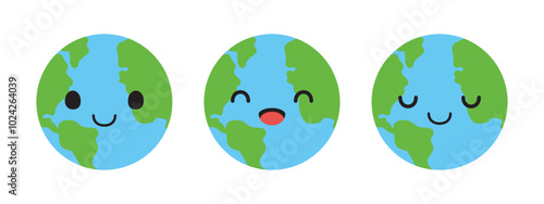 Set of cute planet earth cartoon characters. Flat design illustration.