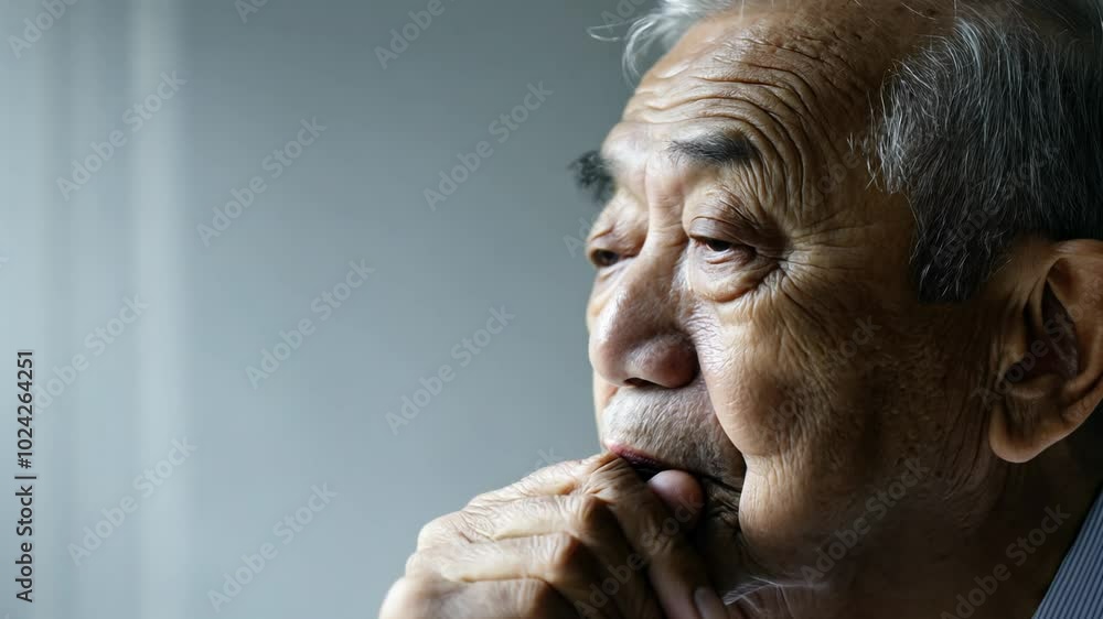 Close-up video of an elderly asian man with silver hair in deep contemplation, static camera, natural window light, minimalist gray background Close-up video of an elderly asian man with silver hair in deep contemplation, static camera, natural window light, minimalist gray background